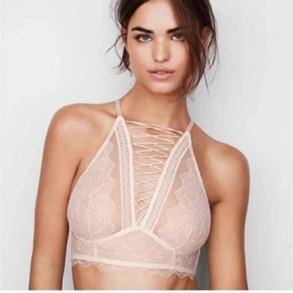 Victoria's Secret Very Sexy Lace Up High Neck Bralette Bra in Coconut White, L
